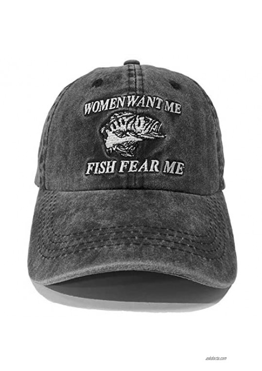 Tupwaid Women Want Me Fish Fear Me Washed Baseball Cap Trucker Hat Adult Unisex Adjustable Dad Hat