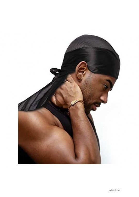 2 Pack Silky Durags Silk Durags for Men Women Waves Wave Cap Long Tail Headwraps Wide Straps Waves
