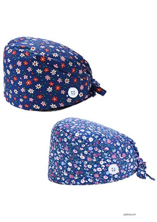 Cilkus Printed Work Cap 2 Pieces Adjustable Elastic Band and Button Fixation Suitable for Hospitals Beauty Salons