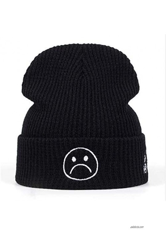 Home Fashion DIY Autumn and Winter Sad Boy Crying Face Embroidered Beanie Stocking Cap Cancer Chemo Turban Headbands Winter Crochet Hat Ski Knit Hat Black