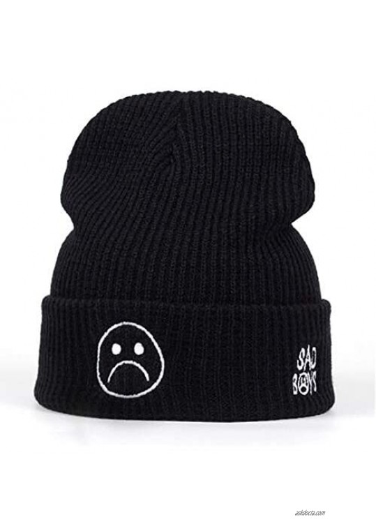 Home Fashion DIY Autumn and Winter Sad Boy Crying Face Embroidered Beanie Stocking Cap Cancer Chemo Turban Headbands Winter Crochet Hat Ski Knit Hat Black