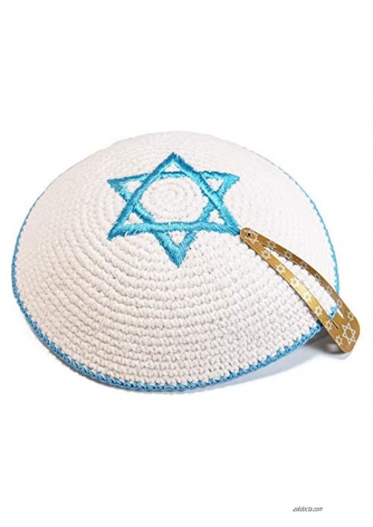 Knitted 16 cm White Magen David Kippah Jewish Kipa Israel Flag Yarmulke Synagogue