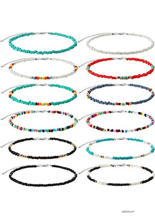 12 Pieces Handmade Beaded Anklets Boho Colorful Beaded Anklet Bracelet Adjustable Foot Chain Set Beach Barefoot Jewelry for Women and Girls