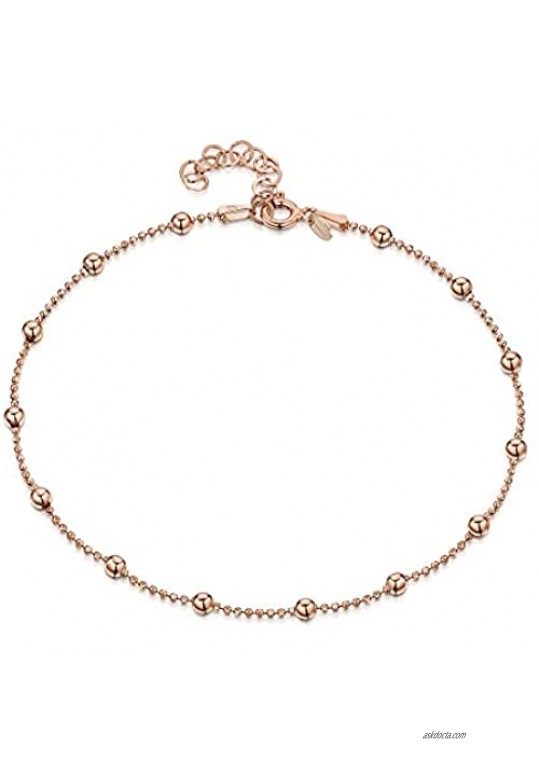 14K Rose Gold Plated on 925 Sterling Silver Adjustable Anklet - Classic Chain Ankle Bracelets - 9 to 10 inch - Flexible Fit