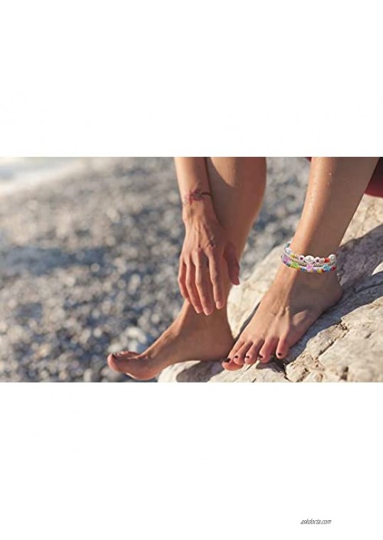 16Pcs Beaded Ankle Bracelets for Women Handmade Boho Beaded Anklet Set Elastic Beach Anklets for Women Teen
