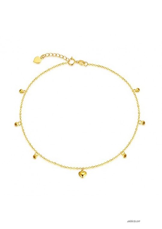 18k Yellow Gold Heart Anklets for Women  Real Fine Jewelry Ankle Bracelet with Beads  8.4"-10"