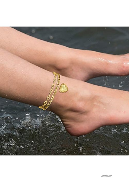 2PCS Gold Initial Ankle Bracelets for Women Double Layered Initial Anklets Cuban Link Heart Letter Initial Anklet