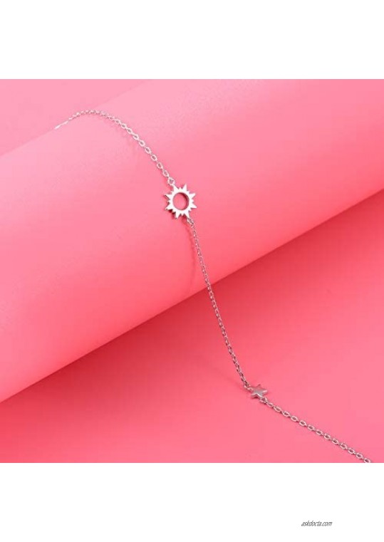 925 Sterling Silver Ankle Bracelets Moon Star Sun Universe/Flower/Sunflower/Heart/Sideway Cross Adjustable Anklet Jewelry Foot Chain for Women Girls 9+1inch