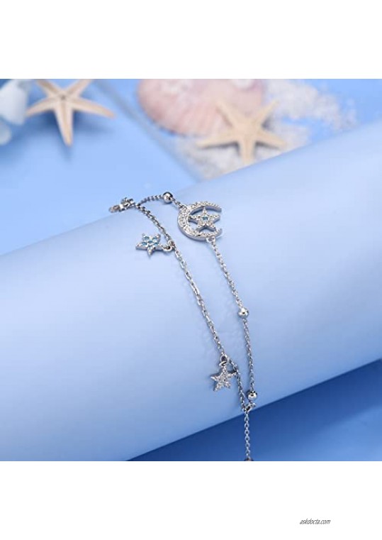 925 Sterling Silver Anklet for Women Layered Moon Star Anklet Bracelets Adjustable Bead Beach Anklet Charm Jewelry Gifts for Women Girls