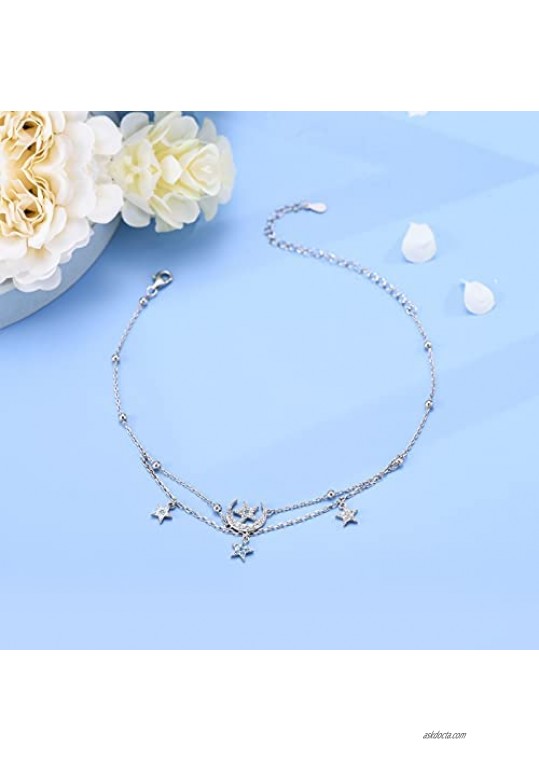 925 Sterling Silver Anklet for Women Layered Moon Star Anklet Bracelets Adjustable Bead Beach Anklet Charm Jewelry Gifts for Women Girls