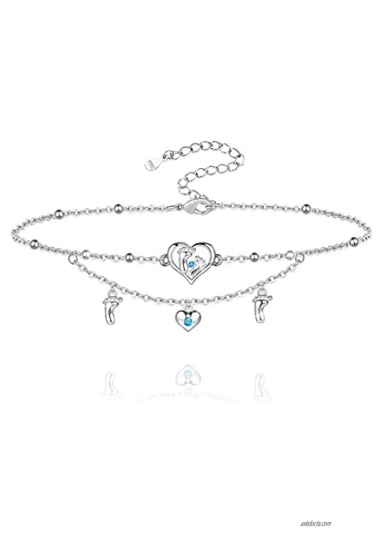 925 Sterling Silver Heart Anklet for Women Footprint Layered Anklet Bracelets Adjustable Beach Beaded Anklets for Girls Teen Women Jewelry Gift
