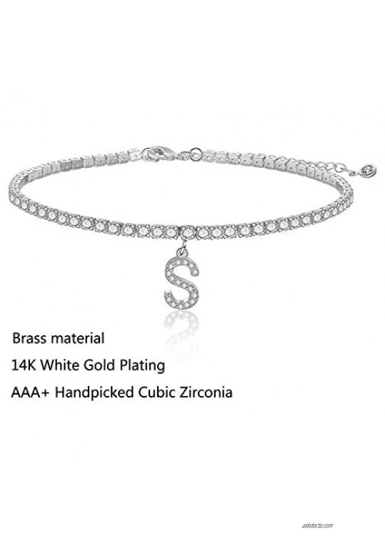 Ankle Bracelets for Women Initial Anklet AAA+ Cubic Zirconia Stones Tennis Chain Letter Anklet with Initials Cute Summer Anklets 14K Gold Plated Anklets Bracelets for Women Gifts
