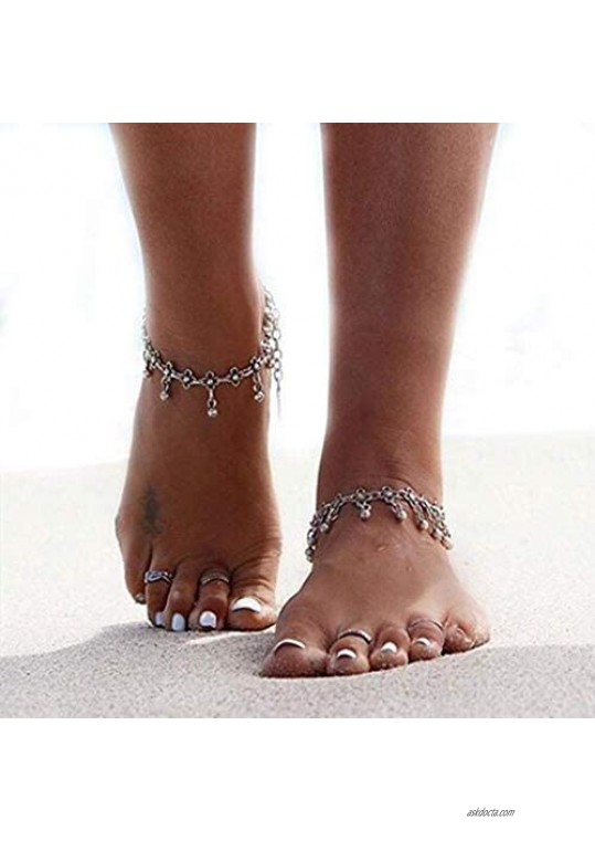 Asooll Vintage Boho Beaded Anklet Silver Ankle Bracelet Foot Jewelry Summer Barefoot Beach Anklet for Women and Girls(1PC)