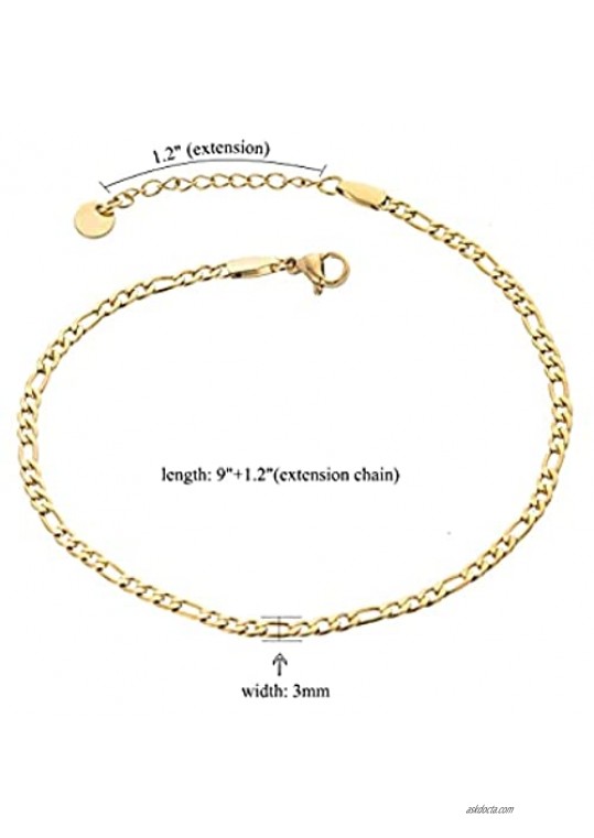 Augonfever 3mm Wide Anklet for Women Zodiac Ankle Bracelets Gift 18K Gold Plated Figaro Chain