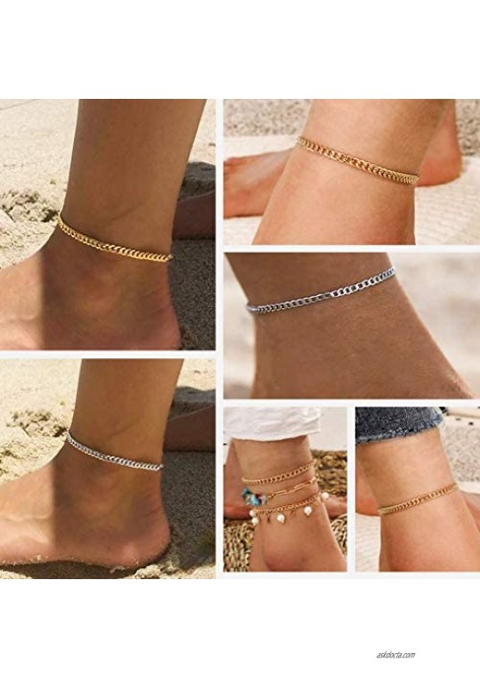 Bandmax Women Summer Anklet Stainless Steel Adjustable 3/5MM Figaro/Cuban/Twist Rope/Box Chain Foot Chain Bracelet For Beach Sandals Extended Jewelry Length 8.5-11 Inch Silver Gold Color