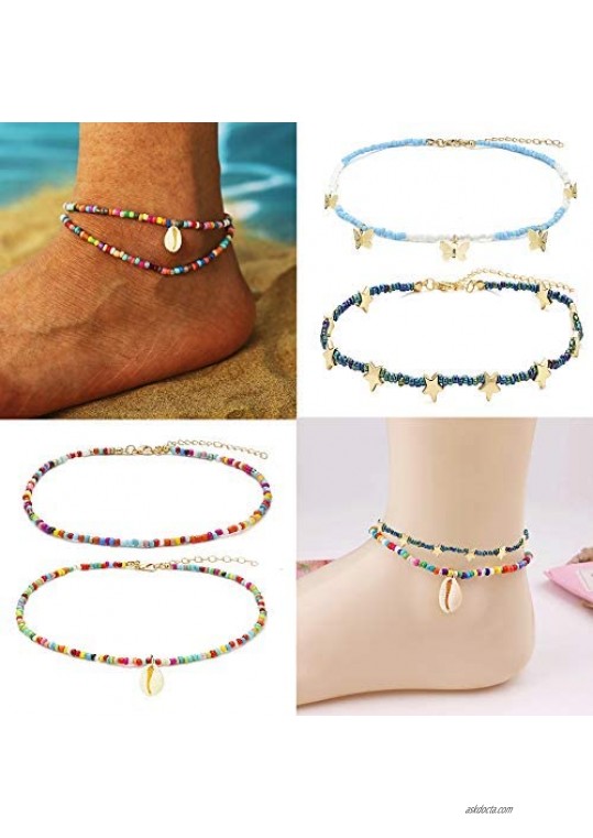 Beaded Anklet Bracelet for Women Handmade Flower Butterfly Star Heart Ankle Bracelet Boho Colorful Beads Anklets Adjustable Foot Anklet Bracelet for Women Girls 10/12Pieces