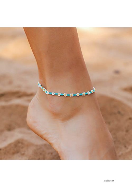 Beaded Anklets for Women Boho Cute Daisy Flower Bead Ankle Bracelets Handmade Waterproof Surfer Anklet Summer Beach Foot Jewelry for Women Teen Girls
