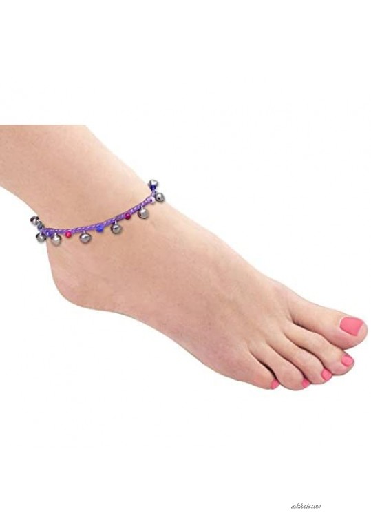 Bijoux De Ja Handmade Varicolored Glass Bead Bells Purple Cord Anklet Bracelet 10 Inches (AkSP08)