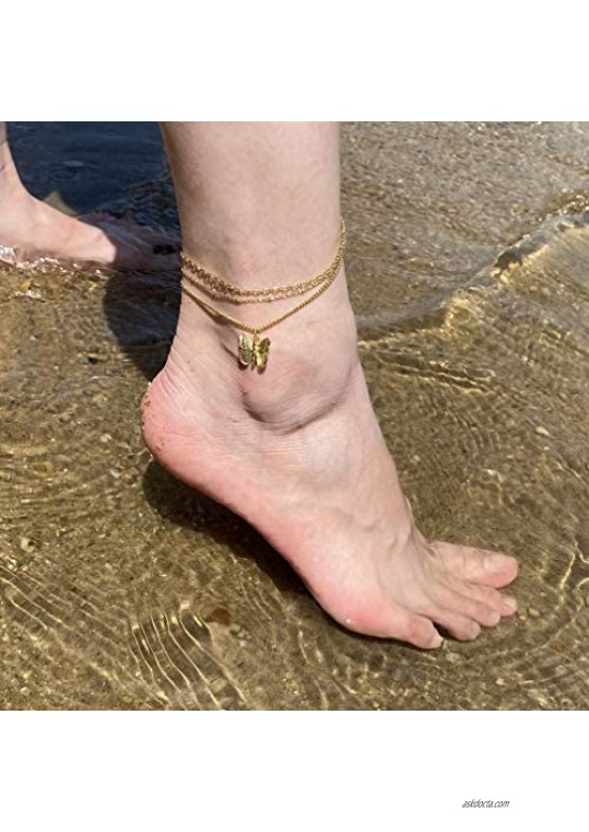 Butterfly Anklet Layered Butterfly Beads Chain Ankle Bracelet for Women 14K Real Gold Plated Beach Foot Jewelry