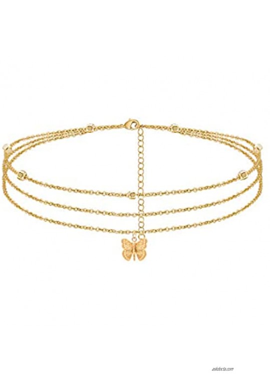 Butterfly Anklet Layered Butterfly Beads Chain Ankle Bracelet for Women 14K Real Gold Plated Beach Foot Jewelry