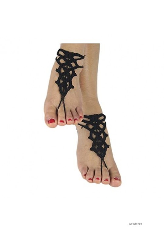 BUYITNOW Women Crochet Barefoot Sandals Cotton Embroidery Toe Ring Anklet Accessory