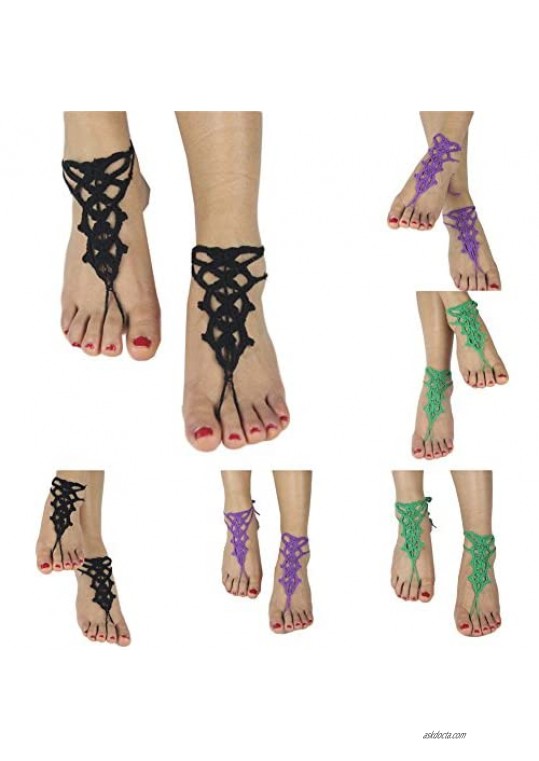 BUYITNOW Women Crochet Barefoot Sandals Cotton Embroidery Toe Ring Anklet Accessory