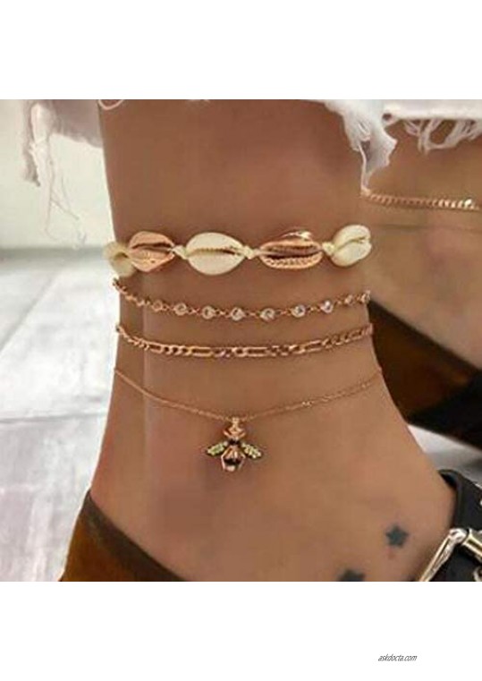 Cathercing 4 Pcs Shell Anklet Bracelets Set for Women Fashion Girls Layered Anklet Bracelets with Honey Bee Pendant Gold Boho Ankle Necklace Chain Beach Foot Hand Jewelry Gift for Girls