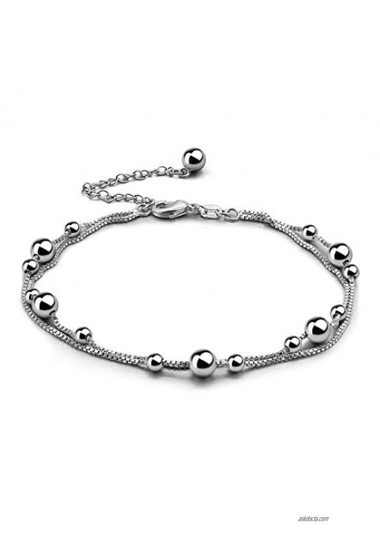 Charm Fashion 925 Sterling Silver Double box chain Anklet Bracelet Simple Adjustable Cute Bell Mickey Bracelet Gift for Women & Girl-Barefoot Beach Jewelry