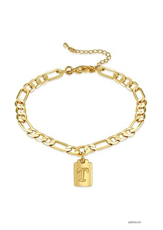 CILILI 18K Gold Filled Lock Initial Charms Anklet Bracelet Figaro Link Chain Alphabet Jewelry Gift for Women Girls