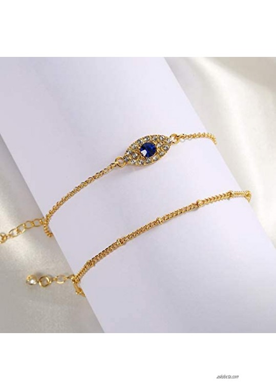 CLASSYZINT 14K Gold Plated Tiny Anklet Dainty Layered Chain Cute Evil Eye Foot Jewelry Boho Ankle Bracelet for Women