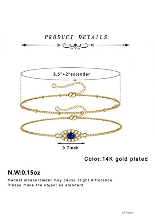 CLASSYZINT 14K Gold Plated Tiny Anklet Dainty Layered Chain Cute Evil Eye Foot Jewelry Boho Ankle Bracelet for Women