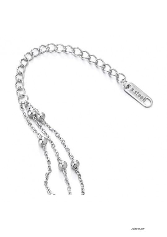 COOLSTEELANDBEYOND Stainless Steel Three-Row Link Chain Anklet Bracelet with Charms of Balls Adjustable