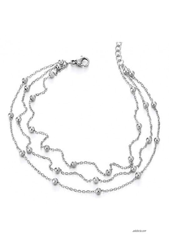COOLSTEELANDBEYOND Stainless Steel Three-Row Link Chain Anklet Bracelet with Charms of Balls  Adjustable