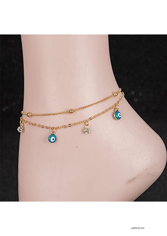 Dainty Ankle Bracelets for Women Girls 18K Gold Silver Plated Handmade Layered Anklet Tennis Chain Evil Eye Ankle Bracelets for Women Girls Summer Boho Beach Foot Jewelry