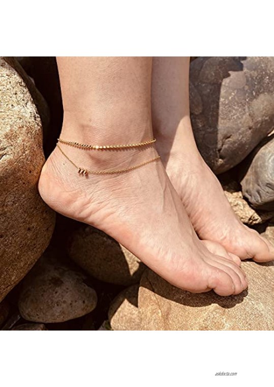 Dainty Dot Chain Initial Ankle Bracelet Set 18K Gold Plated Letter Layered Anklets for Women Girls Cute Summer Beach Jewelry Gift