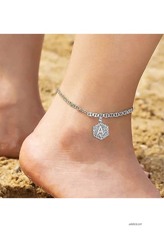 Dcfywl731 Silver Ankle Bracelets for Women Initial Anklet 2pcs Mariner Chain Layered Letter Anklet Initials Cute Summer Anklets Ankle Bracelets for Girls