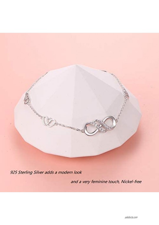 Double Infinity Anklet 925 Sterling Silver for Women Girls Adjustable Heart Ankle Bracelet Boho Beach Foot Chain 9+1 Inch Charm Jewelry Best Birthday Gifts