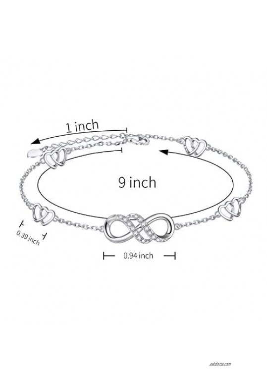 Double Infinity Anklet 925 Sterling Silver for Women Girls Adjustable Heart Ankle Bracelet Boho Beach Foot Chain 9+1 Inch Charm Jewelry Best Birthday Gifts