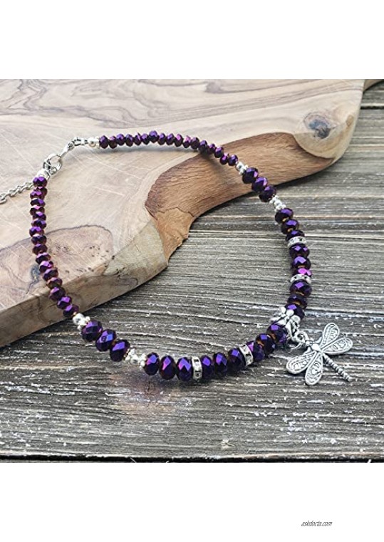 Dragonfly Luster Purple Hue Faceted Crystal Glass Artisan Beaded Anklet with Extension | Handmade Hypoallergenic Beach Gala Wedding Style Jewelry