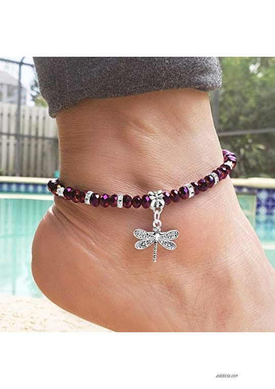 Dragonfly Luster Purple Hue Faceted Crystal Glass Artisan Beaded Anklet with Extension | Handmade Hypoallergenic Beach Gala Wedding Style Jewelry