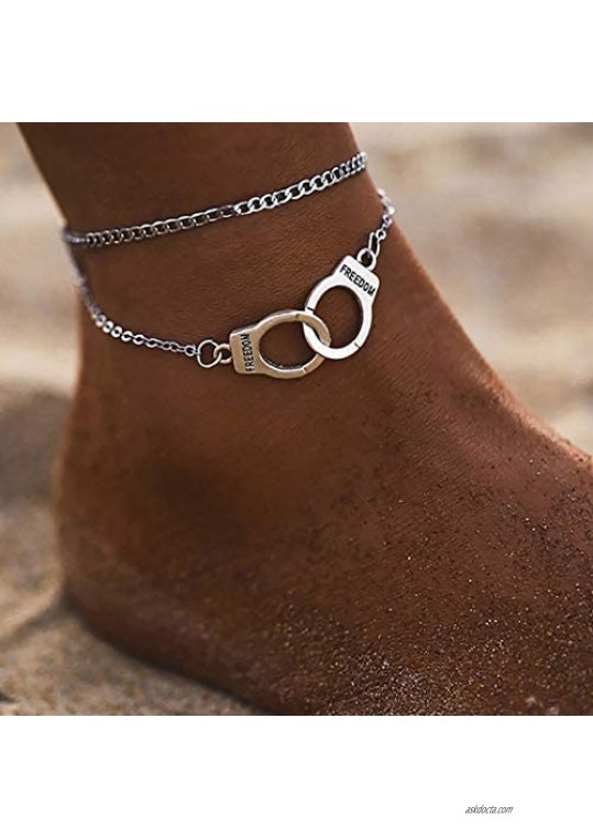 Dresbe Boho Handcuffs Anklets Silver Layered Ankle Bracelet Beach Foot Chain for Women and Girls