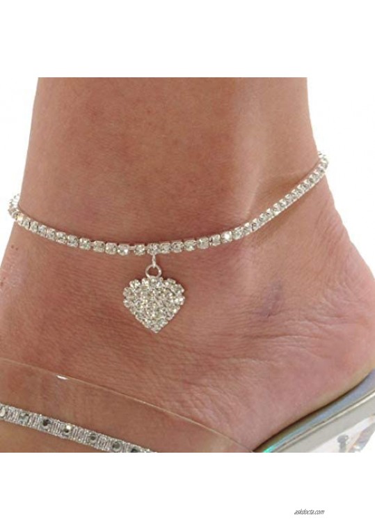 Evild Boho Crystal Ankle Bracelet Silver Rhinestone Anklets Summer Heart Anklet Beach Foot Jewelry Adjustable Anklet for Women and Girls