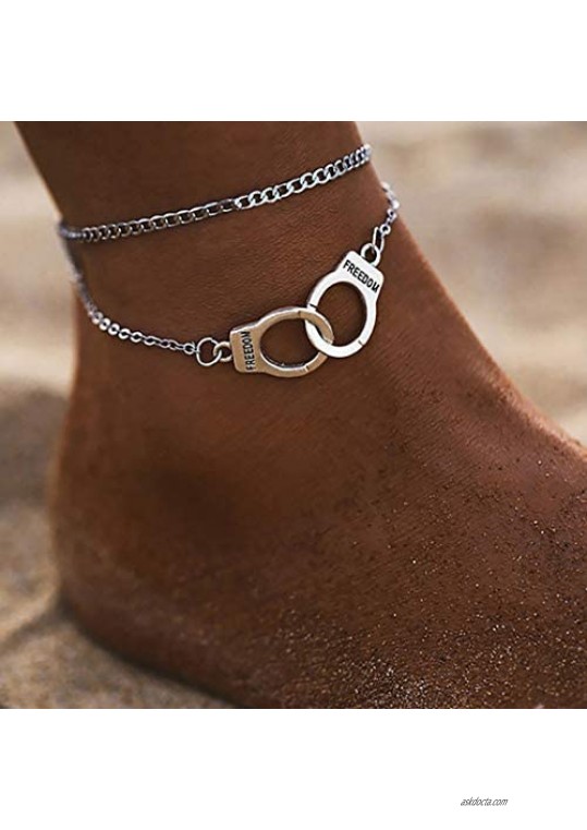 Evild Layered Boho Ankle Bracelet Silver Handcuffs Summer Anklets Beach Foot Jewelry Adjustable Anklet for Women and Girls