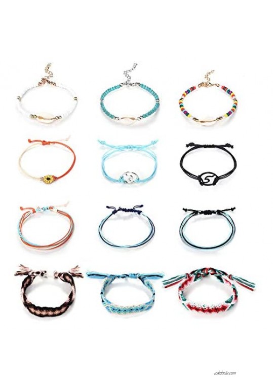 Finrezio 12PCS Bracelets for Women Teen Girls Boho Anklets Jewelry Handmade Shell Beads Charm Visc Ankle Bracelet Set