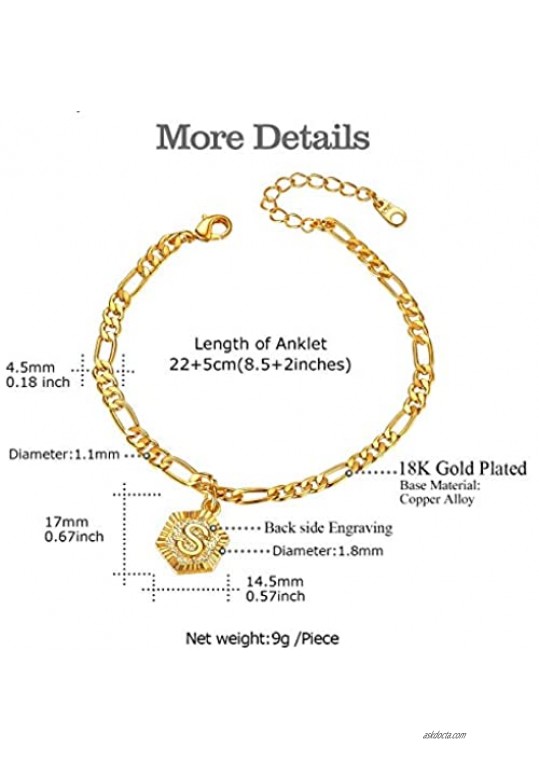 FOCALOOK 4.5mm Figaro Gold Chain Anklets with Initial Ankle Bracelet for Women Teen Girls 22-27cm Length-Adjustable Customizable (Send Gift Box)