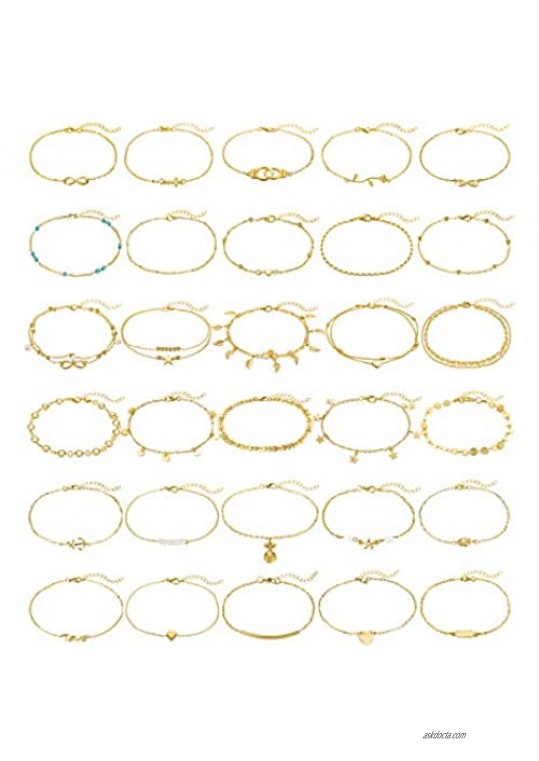 FUNEIA 30Pcs Anklets for Women Silver Gold Ankle Bracelets Set Boho Layered Beach Anklet Foot Jewelry Adjustable Chain