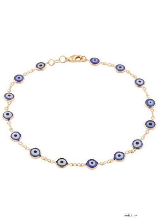 Gold Overlay with Navy Blue Mini Evil Eye Style 9.5 Inch Anklet (T-321)