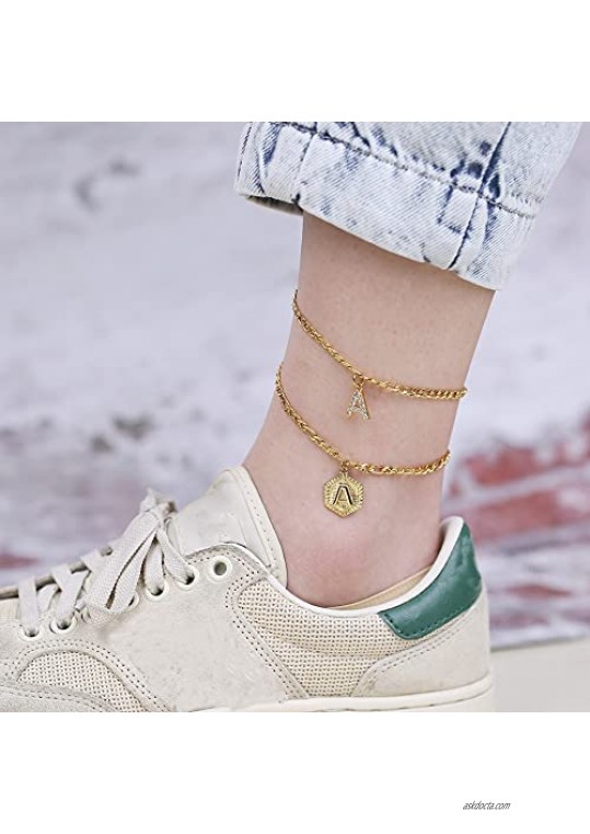 HAIAISO Initial Ankle Bracelets for Women Stainless Steel Layered Figaro Chain Letter Initial Anklets Dainty Ankle with Letter Alphabet for Women Girls （2Pcs）