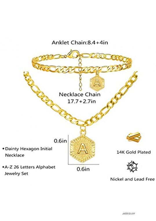 Harlermoon Initial Necklace Anklet Bracelet 18K Gold Plated Figaro Link Chain Bracelet Hexagon A-Z Monogram Letter Charms Jewelry Set for Women Girls