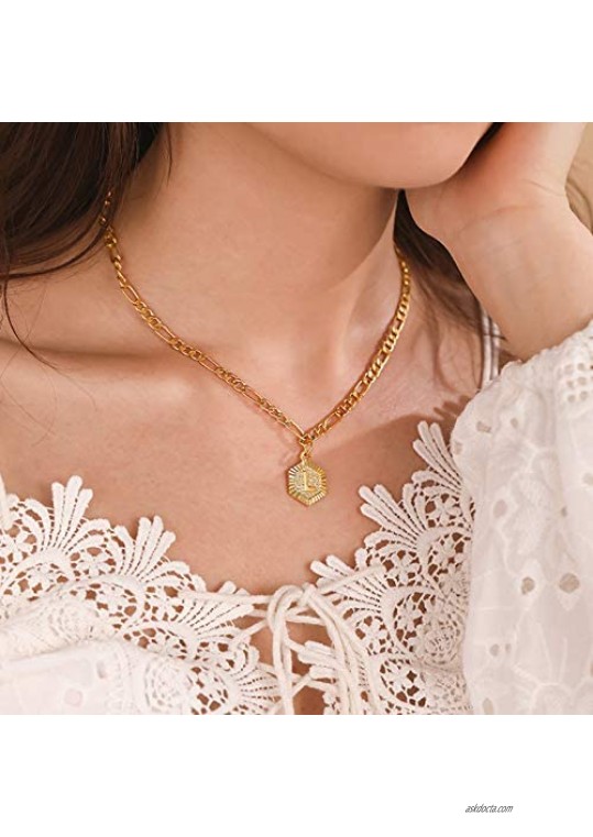Harlermoon Initial Necklace Anklet Bracelet 18K Gold Plated Figaro Link Chain Bracelet Hexagon A-Z Monogram Letter Charms Jewelry Set for Women Girls
